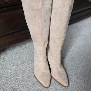 Suede Knee-High Pointed Toe Boots in Beige